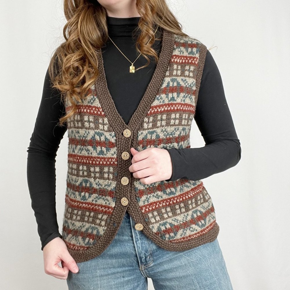 Vintage Handmade Rustic Cottagecore Fair Isle Knit Sweater Vest Cardigan Grandpa - Picture 7 of 8
